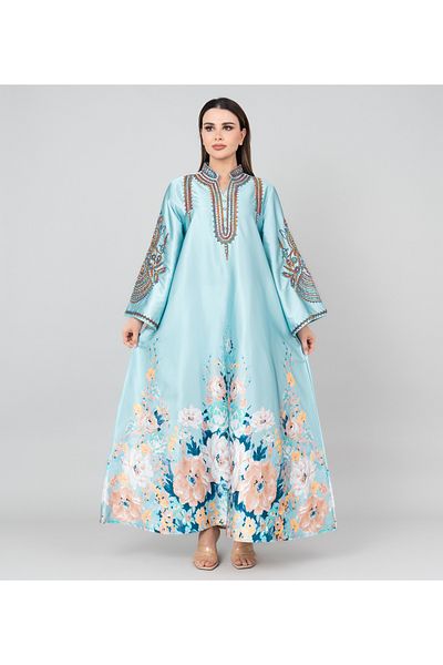 IKKXA Floral Printed Crystal Embroidery Jalabiya