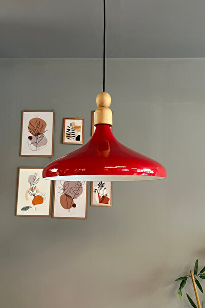 Bamyum Kırmızı Tekli Avize Kalın Ahşap Boncuk Sarkıt Salon Mutfak Pastane Lam...