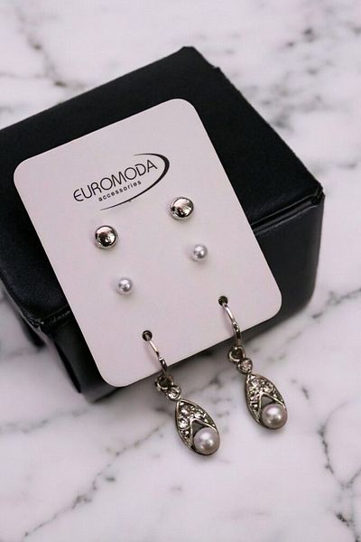 EUROMODA Silver Color Coated 3-Piece Earring Set with Special Pearl Design Ball Earrings