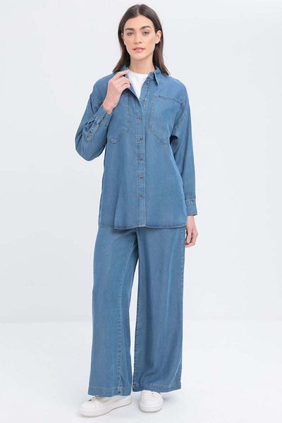 ALLDAY Light Blue-Denim Trousers Suit with Large Pockets