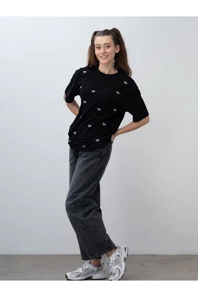 Zekids Tricou oversize cu broderie cu fundita pentru fete