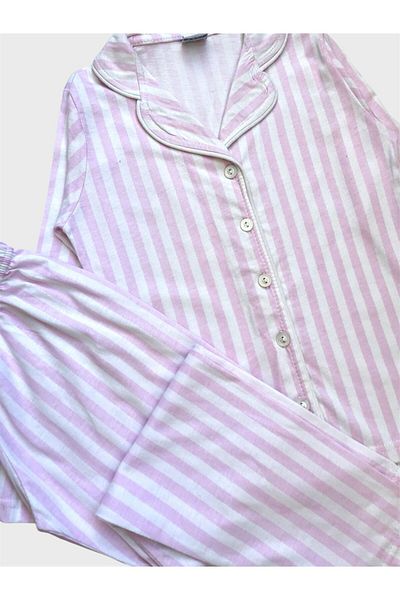 ALİŞ KİDS Girl's 100% Cotton White Pink Striped Shirt Collar Buttoned Seasonal Pajama Set