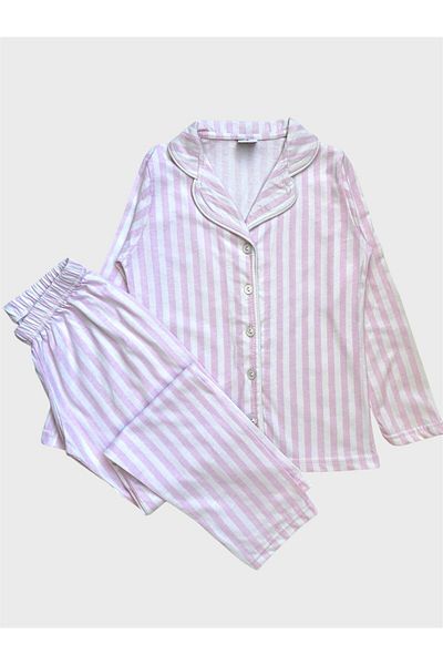 ALİŞ KİDS Girl's 100% Cotton White Pink Striped Shirt Collar Buttoned Seasonal Pajama Set