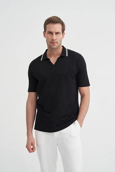 Cazador Tricotaj Tricou negru pentru bărbați cu gât polo 3037