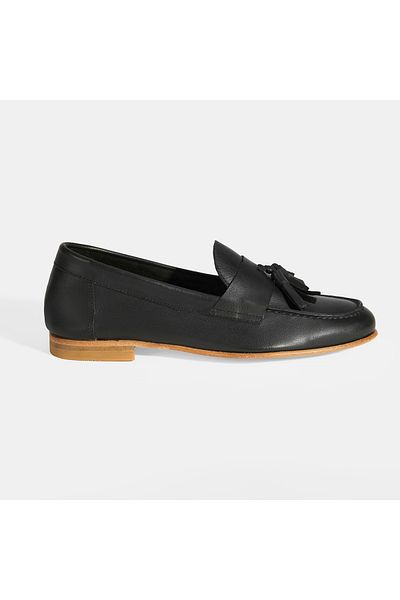 Desa Loafer de damă din piele neagră cu ciucuri