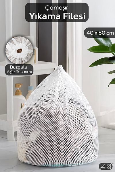 Meleni Home White 40X60 cm Drawstring Washing Net 1 Piece