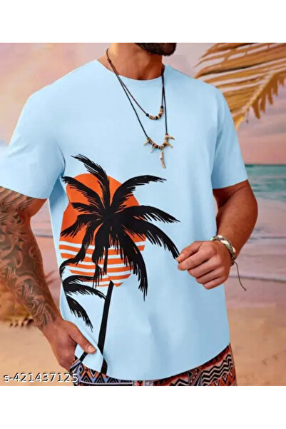 PENTHİLUS Unisex Organic Cotton Short Sleeve Round Neck Palm Tree Printed T-Shirt