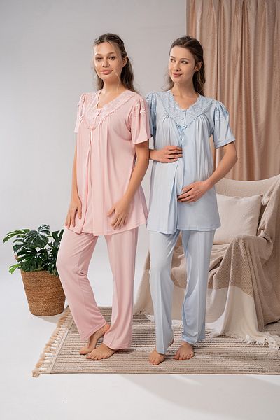 LOHOUSE Set de pijamale de maternitate pentru femei, cu guler albastru, cu design special, 3 piese