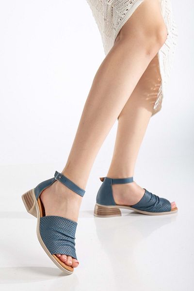 ANALİN SHOES Sandale de damă cu curea groasă - Tocuri joase din piele naturală albastru denim