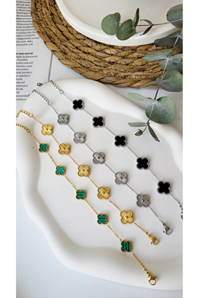 JüpiJewellery Çelik Gümüş Rengi Yonca Çift Taraflı Kadın Erkek Unisex Bileklik