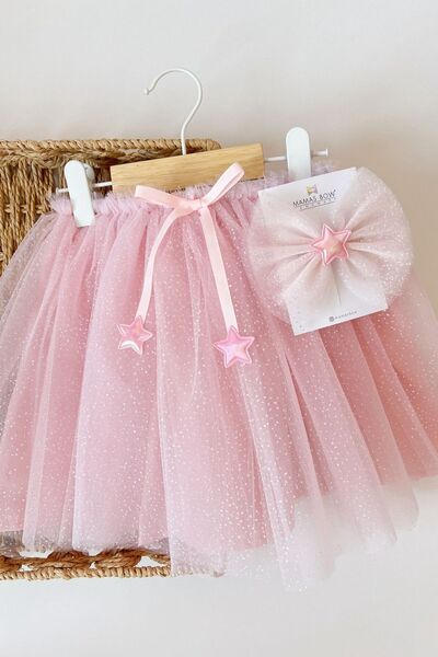 MAMASBOW Fiyonk Toka Hediyeli Yıldız Detaylı Simli Pembe Çocuk Tütü Etek