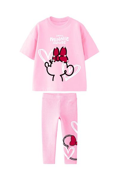 Monila Girl's Cotton Fabric Printed Pompom Detailed Tshirt and Leggings Bottom Top Set