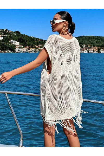 Rönesans Tekstil Openwork Knitted Body Cover for Women with Tassel Detail for Summer and Beach Holidays