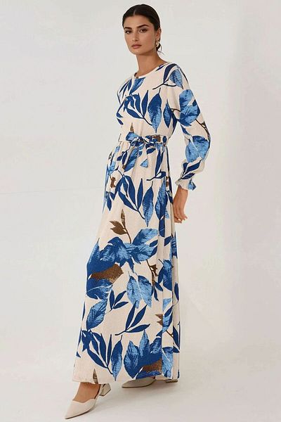 Hiccup Rochie modestă tricotată cu mâneci lungi și curea cu imprimeu floral