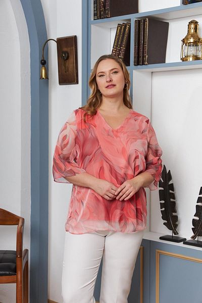RMG Large Size Floral Pattern Chiffon Blouse Coral1