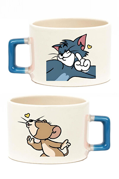 Öz Kupa Tom ve Jerry Sevgili, Arkadaş Seti 2'li Beyaz Motto Fincan