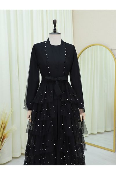 Modamorfo Φούστα Layered Spreader Pearl Tulle Abaya Σετ -Μαύρο