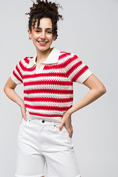 Dexia Red White Striped - Almada Line Demand Shirt Collar Short Sleeve Knitwear Blouse