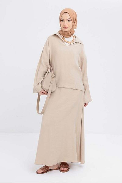 ALLDAY Beige-V Neck Modal Skirt Suit
