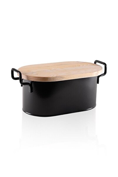 The Mia Stripe Wooden Bread Storage Box with Lid Black 40X22X18 cm