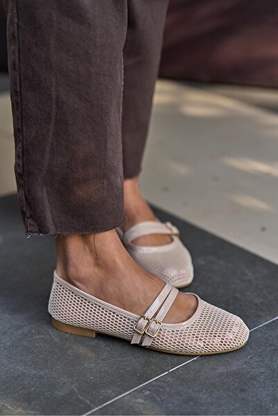 Madamra Béžové dámské baleríny se síťovinou s dvojitým páskem