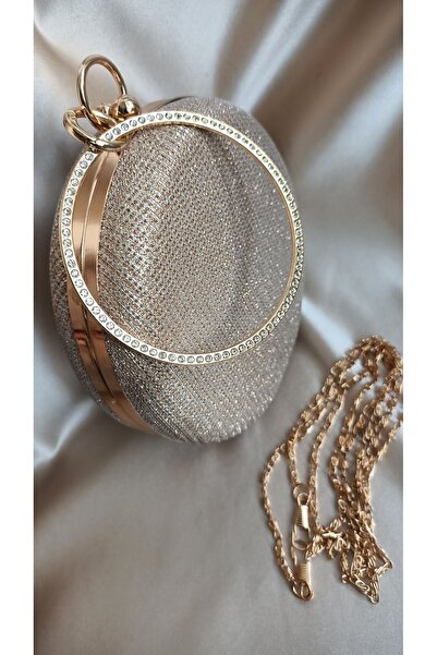 Gül Karatekin Rochie de seara de culoare aurie - Geanta portofoliu rotunda cu textura cu sclipici perlate