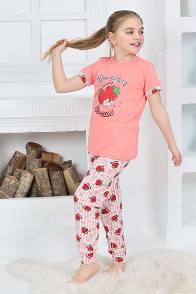 GRI MOR TEKSTIL 100% Cotton Strawberry Patterned Girl's Pizzama Set