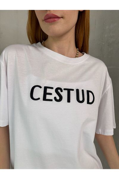 Cappmoda T-907 Λευκό Μαύρο Κεντητό Κεντητό Βαμβακερό Μπλουζάκι με κοντό μανίκι