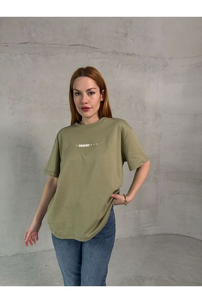 Cappmoda T-901 Χακί Ρωσική γραπτή εκτύπωση με λαιμόκοψη μπλουζάκι