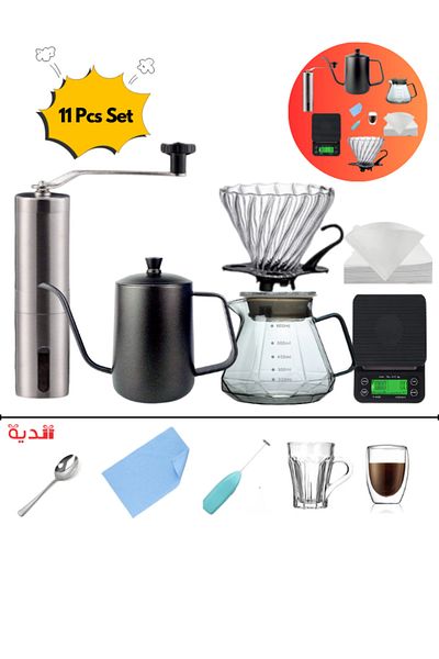 DOPPİO DOPPIO 11 Pcs V60 Premium Pour Over Manual Coffee Maker with Manual Grinder Dripper Set