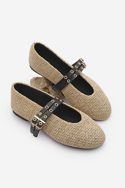 Marjin Beigefarbene Ballerinas für Damen – lässige Stroh-Bekosa mit doppelten Bändern und Nieten