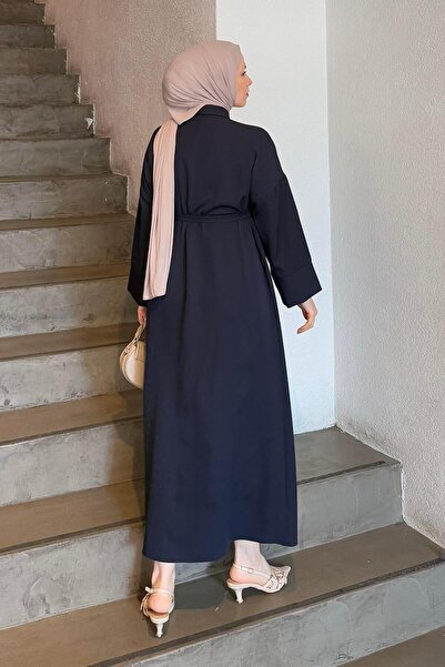 lamelif Fake Cuff Detailed Dumbbell Hijab Dress Navy Blue