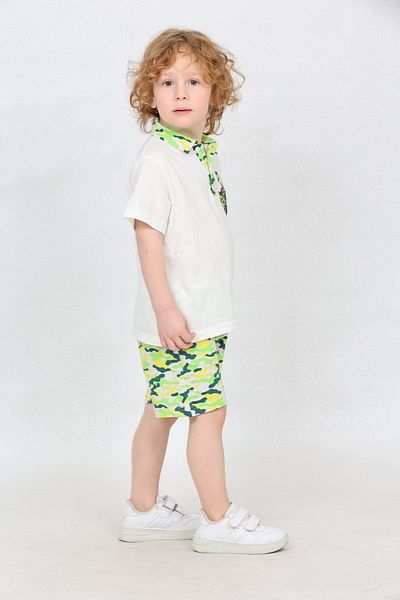 Mollycrush White Green 100% Cotton Boys Camouflage Patterned Suit - Polo Neck T-Shirt and Shorts, Summer Combination