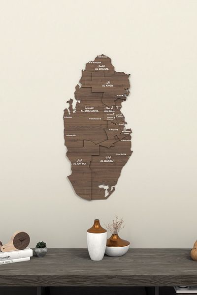 Colorfull Worlds 3D Qatar Wooden Map 60X29 cm - Islamic Wall Art Home Office Mosque Decor