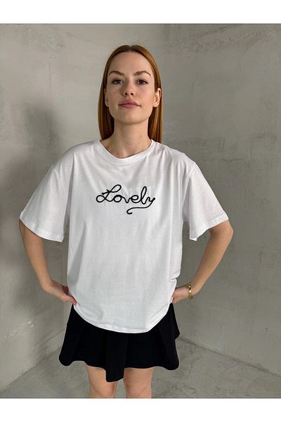 Cappmoda T-904 Λευκό Lovely Text Κεντημένο Βαμβακερό Φαρδύ T-Shirt