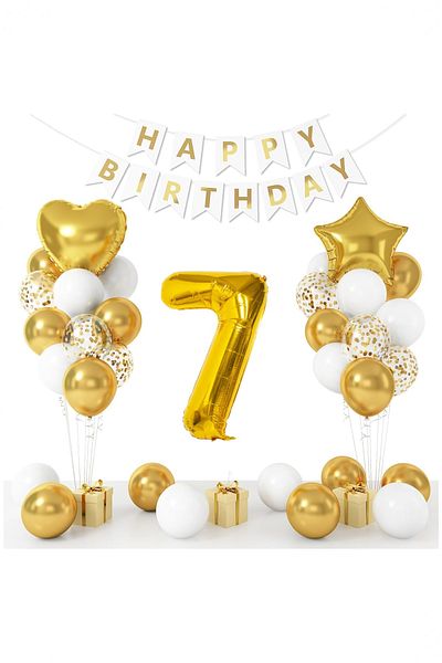 Partile Gold Concept Age Birthday Celebration Set; White Gold Confetti Balloon, Number Star Foil and Banner