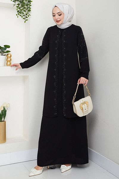 hafsamina Plus Size Mother Dress with Beads and Stones Black Hm2693