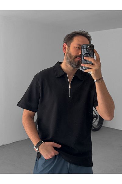 BYBASICMAN Black Collar Zippered Oversize T-Shirt Ke-7010