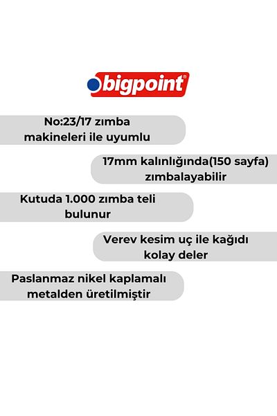 Bigpoint |   رقم الدبابيس للدباسة: 23/17، 1000 قطعة، مناسبة للدباسة حتى 160 ورقة
