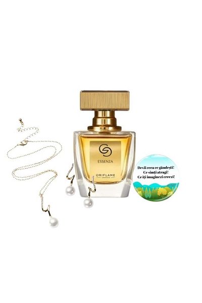 Oriflame Set parfum Giordani Gold Essenza, bijuterii Hidden Gems Pearl din otel inoxidabil si insigna