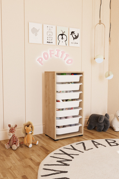 POFİTTO 7 Sepetli Dolap Oyuncak Dolabı Çok Amaçlı Mutfak Kiler Banyo Dolabı Safir Meşe