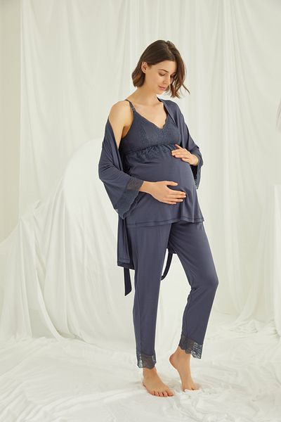MONAMİSE Women's Navy Blue Strappy Lace Maternity Dressing Gown 3 Piece Set