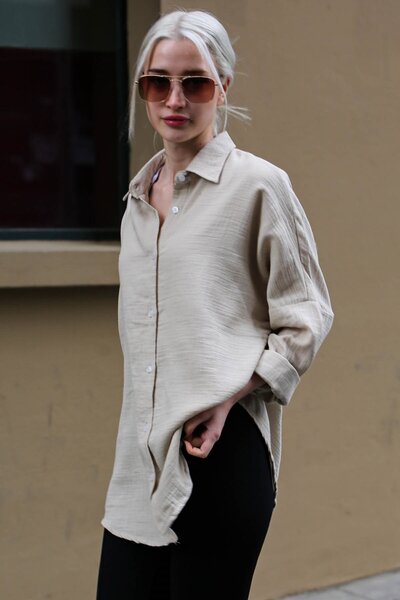 Madmext Bej Muslin Kumaş Basic Kadın Gömlek Mg1660