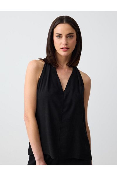 Jimmy Key Black Straight Cut V-Neck Linen Blouse