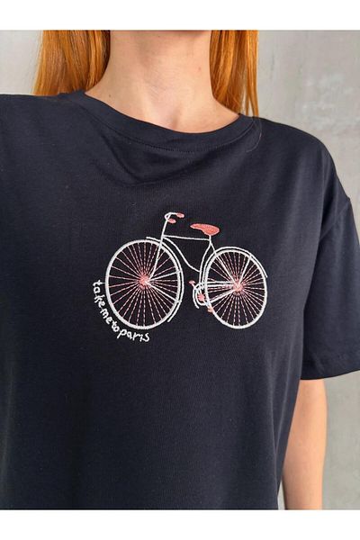 Cappmoda T-902 Tricou negru din bumbac brodat pentru biciclete