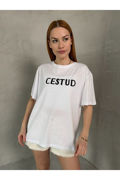 Cappmoda T-907 Λευκό Μαύρο Κεντητό Κεντητό Βαμβακερό Μπλουζάκι με κοντό μανίκι