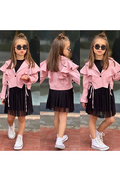 TAYFAKİDS Girl's Suit with Jacket and Tulle Skirt, Holiday Double Suit, 2-Piece Top and Bottom