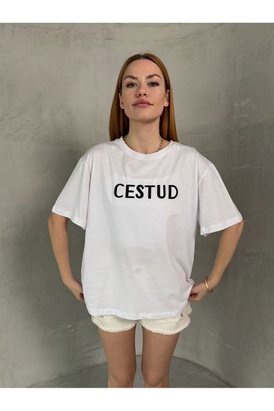 Cappmoda T-907 Λευκό Μαύρο Κεντητό Κεντητό Βαμβακερό Μπλουζάκι με κοντό μανίκι