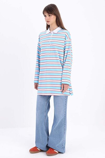 ALLDAY Mavi-Kırmızı-Pamuklu Polo Yaka Çizgili Sweat Tunik
