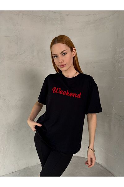 Cappmoda T-906 Tricou din bumbac cu mânecă scurtă brodat cu text de weekend negru